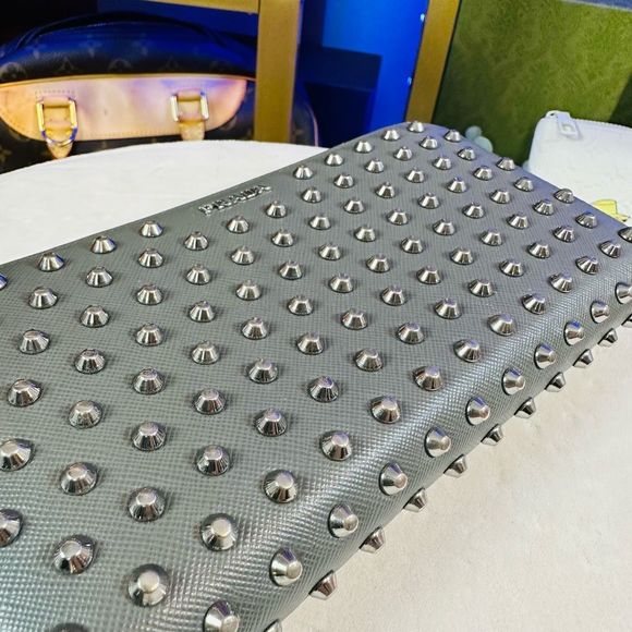 Rare Prada Studded Gray Leather Large Organizer Zip Around Wallet - Picture 10 of 12